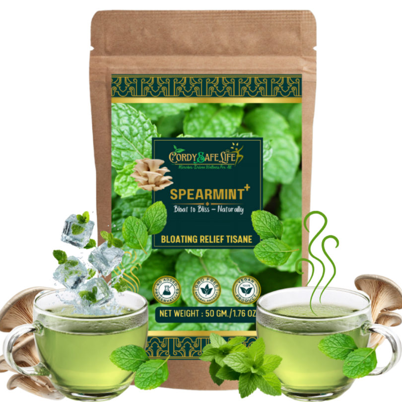 Spearmint+ Herbal Tea | Spearmint Leaves + Oyster Mushrooms | Hormone Balance, PCOS Support, Stress Relief, Digestion & Focus | Caffeine-Free Wellness Tea | VEGAN | 50 GMS | 25 SERVINGS