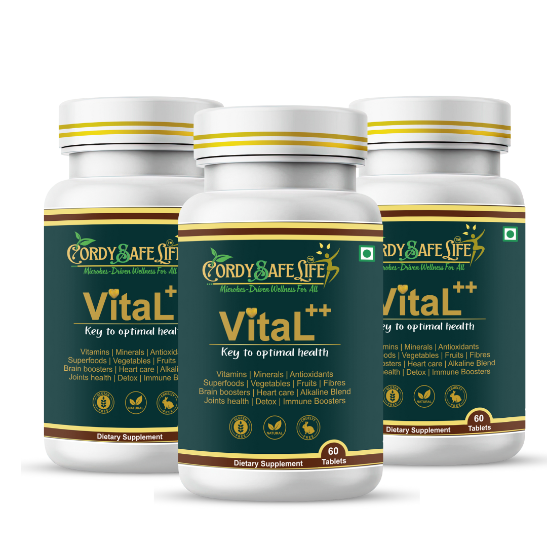 Three bottles of Cordy Safe Life VitaL++ dietary supplements