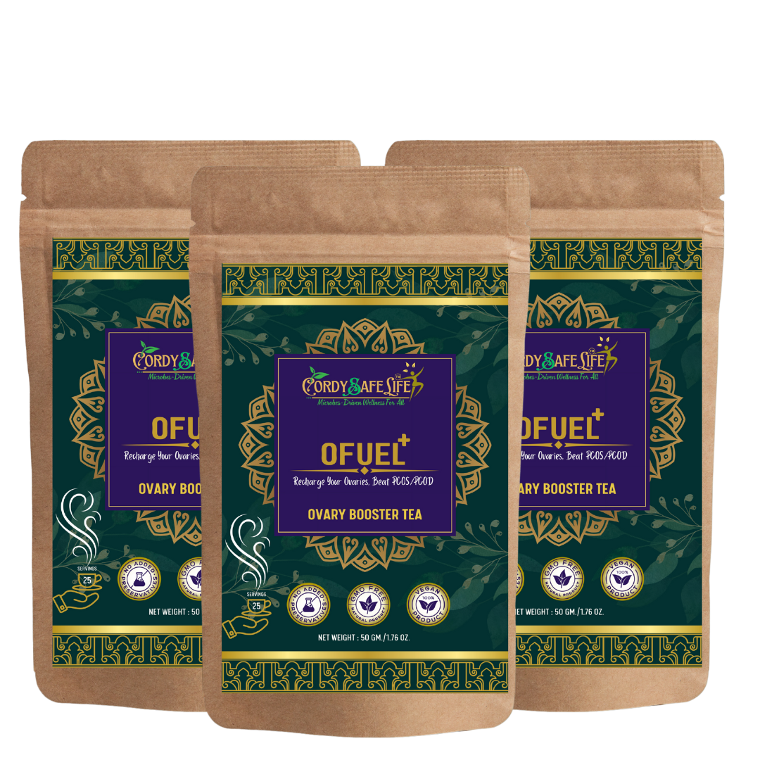 Ofuel+ Herbal Tea for PCOS/PCOD Support, 21 Natural Ingredients, Hormone Balance & Reproductive Health |Mushroom herbal Blend | 50 gms | Loose herbal tea | 25 servings - Cordysafelife