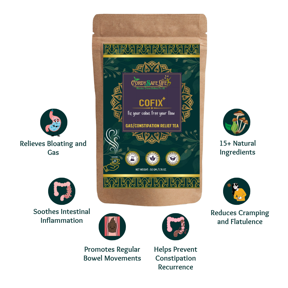Cofix+ Gas & Constipation Relief Herbal Blend | Natural Bloating Support | 15+ Digestive Herbs with Prebiotics & Fiber | 50 gms | 25 Servings - Cordysafelife