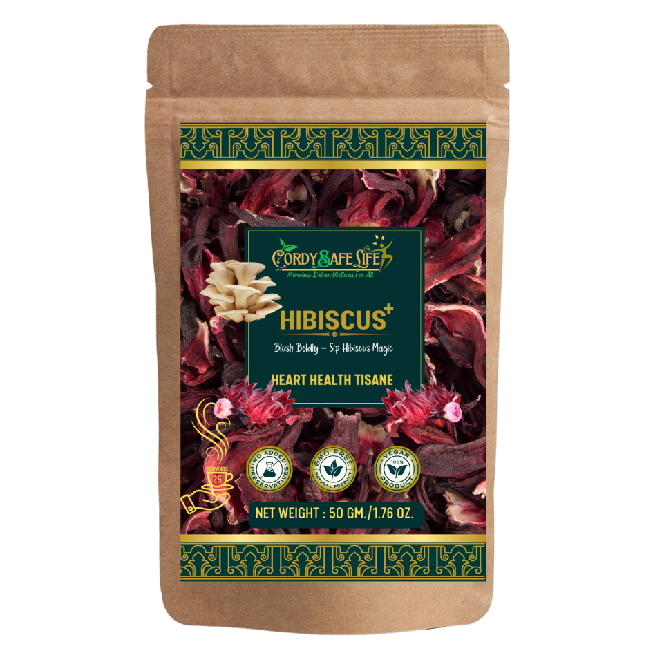 Hibiscus+ Heart Health Herbal Tea | Hibiscus Sabdariffa + Oyster Mushrooms | Supports Healthy Blood Pressure, Cholesterol Balance, Circulation & Antioxidants | Caffeine-Free Wellness Tea |50 gms | 25 Servings - Cordysafelife