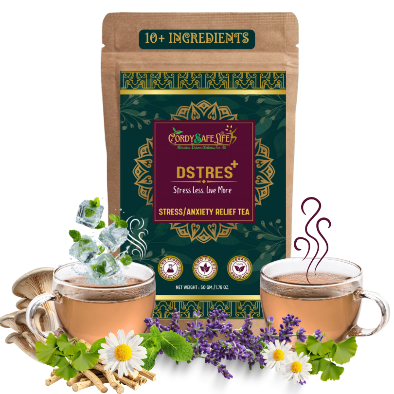 Dstres+ Herbal Tea | Stress & Anxiety Relief| 10+ Herbal Ingredients with Ashwagandha, Chamomile, Lavender, Gingko & Oyster Mushroom | Caffeine-Balanced Loose Leaf Tea | Calm, Focus & Relaxation Support | 50 g | 25 Servings
