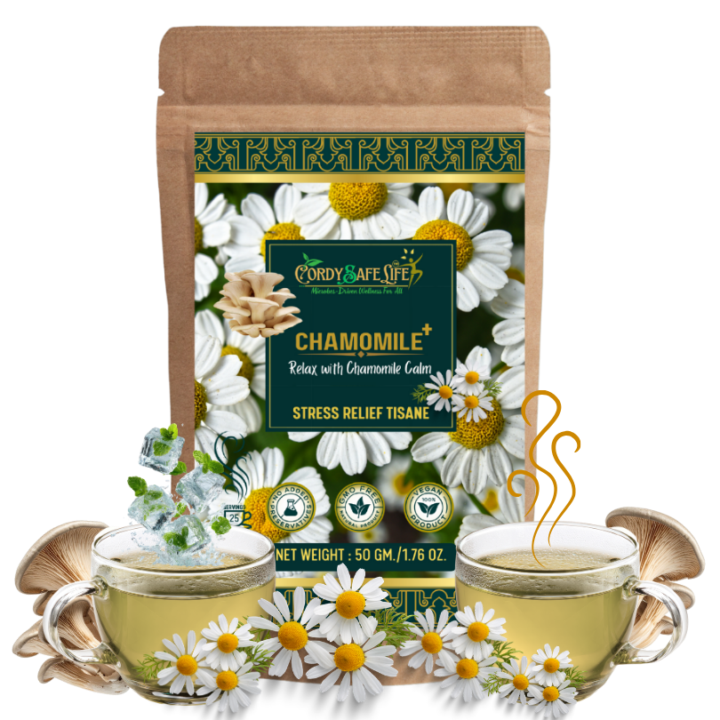 Chamomile+ Herbal Tea | Stress Relief & Sleep Support | Chamomile Flowers + Mushrooms | Caffeine-Free Relaxation, Mood Balance, Mental Clarity | 50 gms | 25 servings
