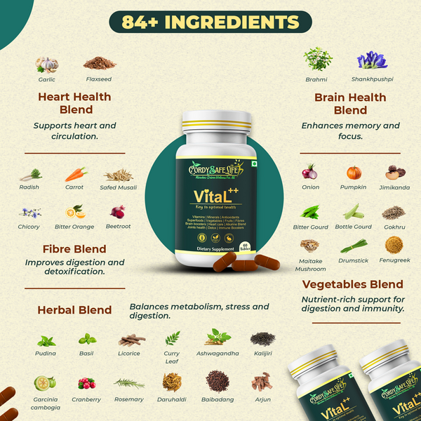 Vital++ Multivitamin for Men & Women | 84-in-1 Advanced Daily Nutrition | Vitamins + Minerals + Adaptogens + Antioxidants + Prebiotics | Immunity, Energy, Gut Health & Stress Support | 60 Tablets - Cordysafelife