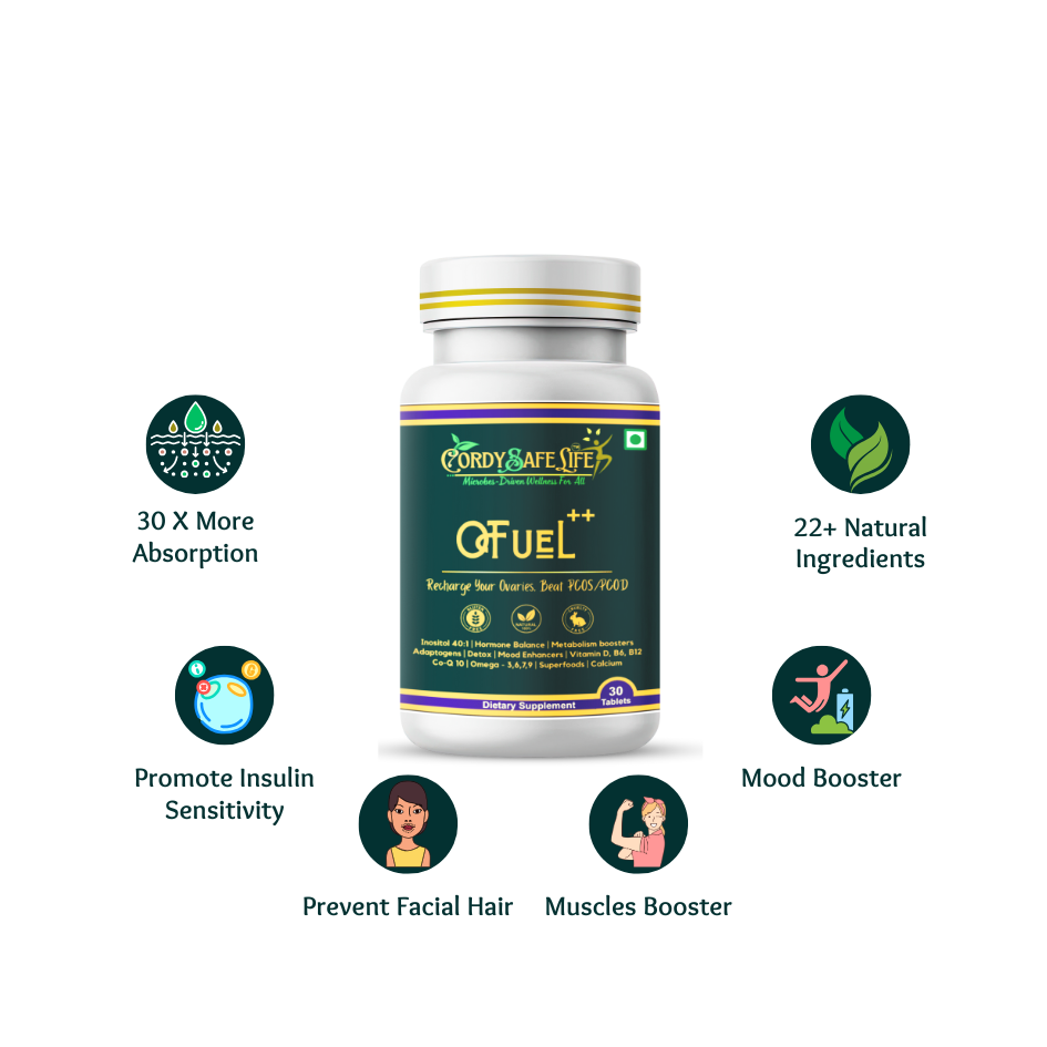 Ofuel++ PCOD PCOS Support Tablets for Women | 22-in-1 Formula with Myo Inositol, D-Chiro Inositol, CoQ10, NAC, Omega 3-6-7-9, Vitamins, Minerals, Ashwagandha, Shatavari | Hormone & Period Balance | 30 tablets - Cordysafelife