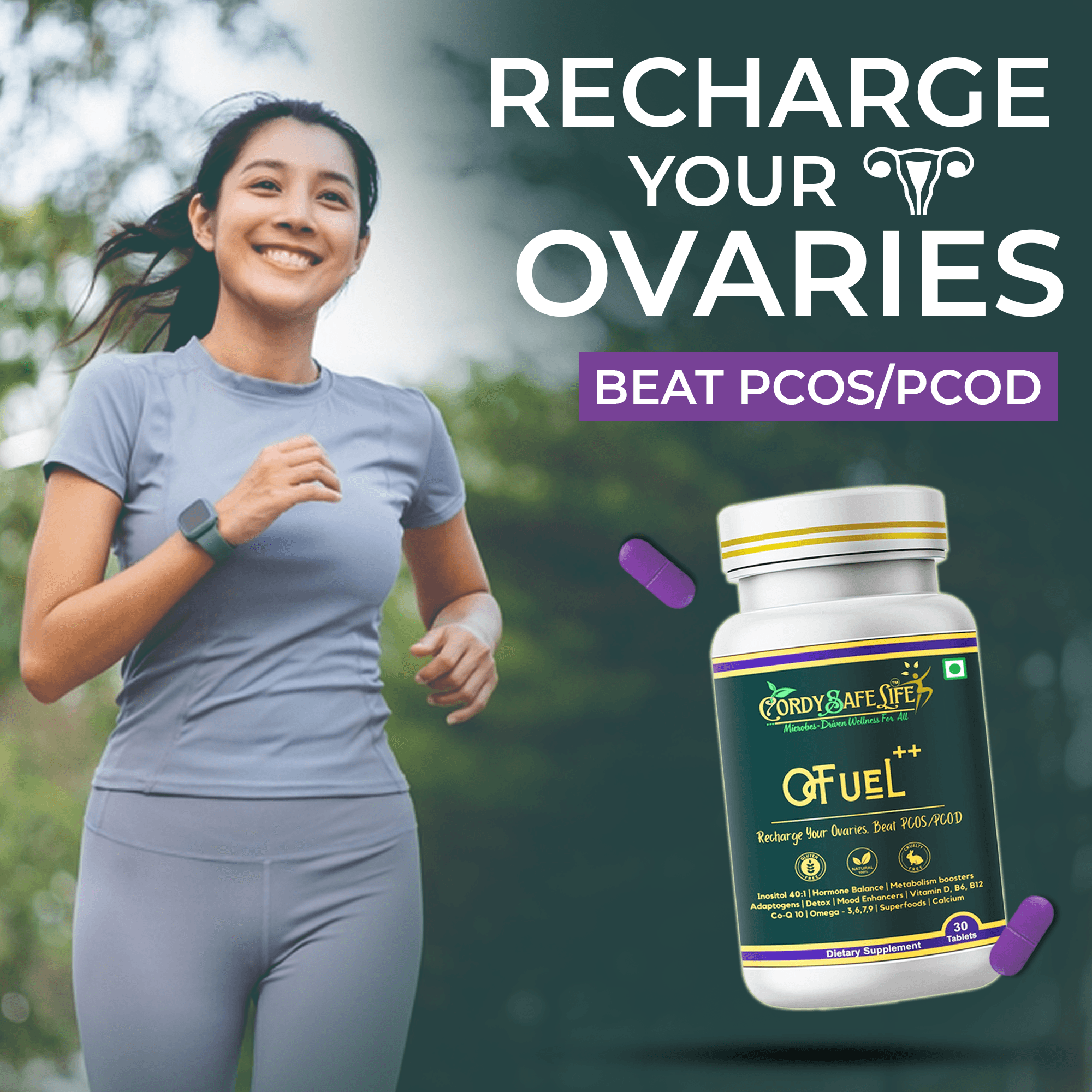 Ofuel PCOD/PCOS Complete Hormone & Wellness Pack — 22-in-1 Support Tablets + 21-Ingredient Herbal Tea for Hormone Balance & Reproductive Health - Cordysafelife