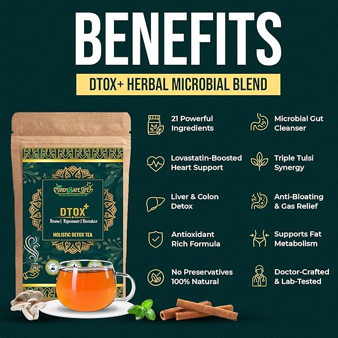 Dtox+ Herbal Tea Blend | Gut Cleanse & Detox | Caffeine-Balanced with 21 Herbs, | 50g Loose Leaf | 25 servings - Cordysafelife