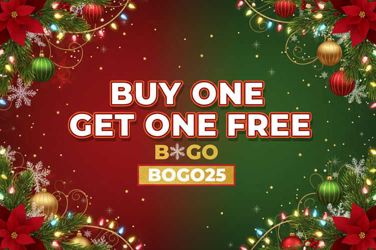 CREAT IMAGE FOR BUY ONE GET ONE FREE OFFER ON CHRISTMUS USE PROMOCODE BOGO25 