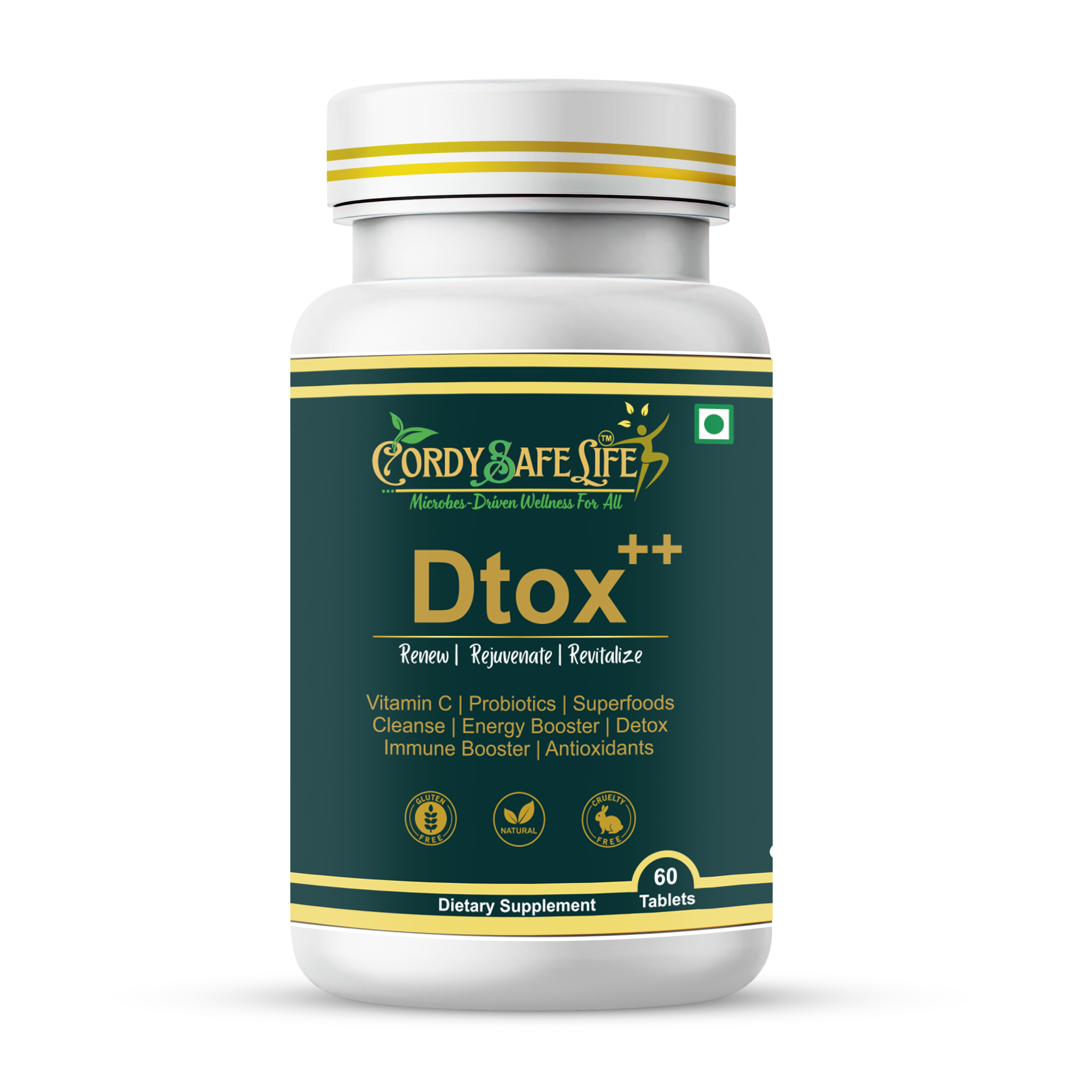 Dtox++ Holistic Detox Tablets | Ayurvedic Herbs + Spirulina + Probiotics | Gut Balance, Liver & Lymphatic Support | Gentle Cleansing & Daily Wellness | 60 Vegan Tablets - Cordysafelife