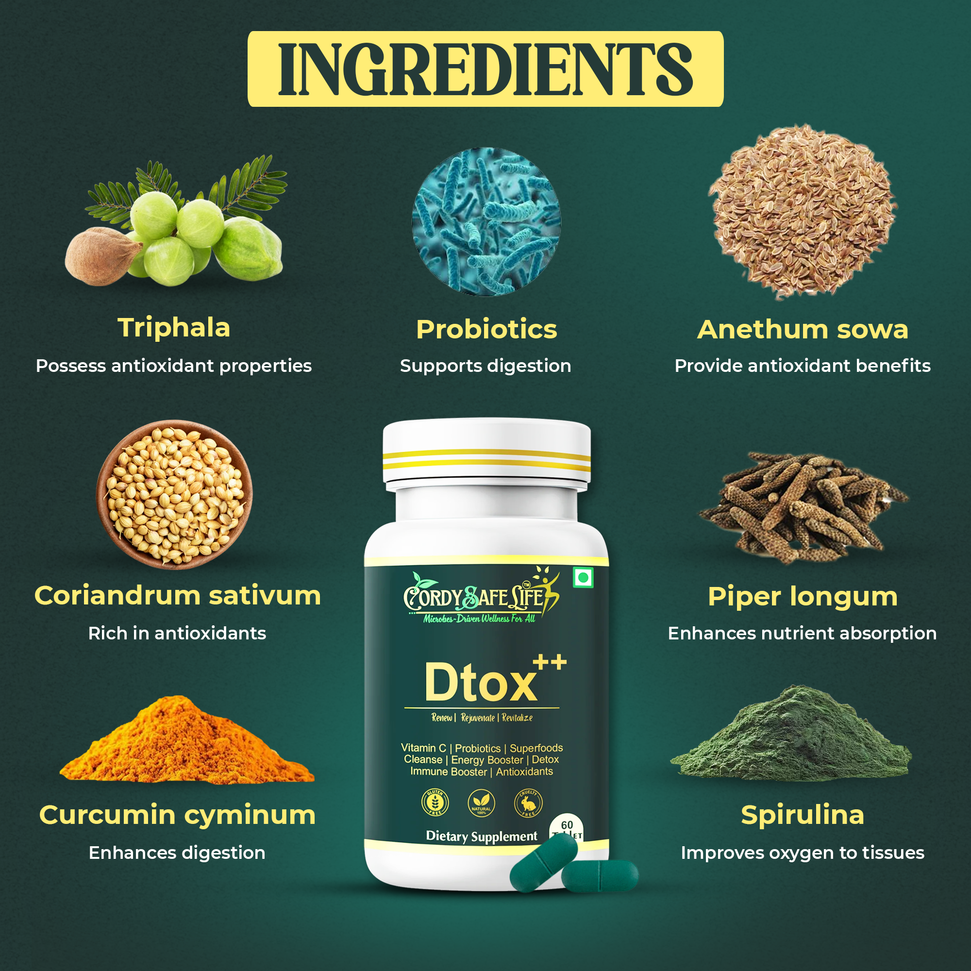 Dtox++ Holistic Detox Tablets | Ayurvedic Herbs + Spirulina + Probiotics | Gut Balance, Liver & Lymphatic Support | Gentle Cleansing & Daily Wellness | 60 Vegan Tablets - Cordysafelife
