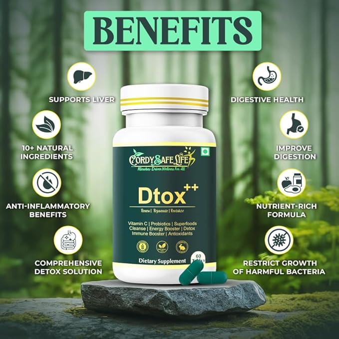 Dtox++ Holistic Detox Tablets | Ayurvedic Herbs + Spirulina + Probiotics | Gut Balance, Liver & Lymphatic Support | Gentle Cleansing & Daily Wellness | 60 Vegan Tablets - Cordysafelife