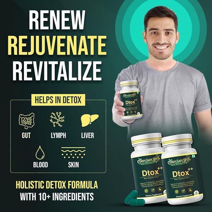 Dtox++ Holistic Detox Tablets | Ayurvedic Herbs + Spirulina + Probiotics | Gut Balance, Liver & Lymphatic Support | Gentle Cleansing & Daily Wellness | 60 Vegan Tablets - Cordysafelife
