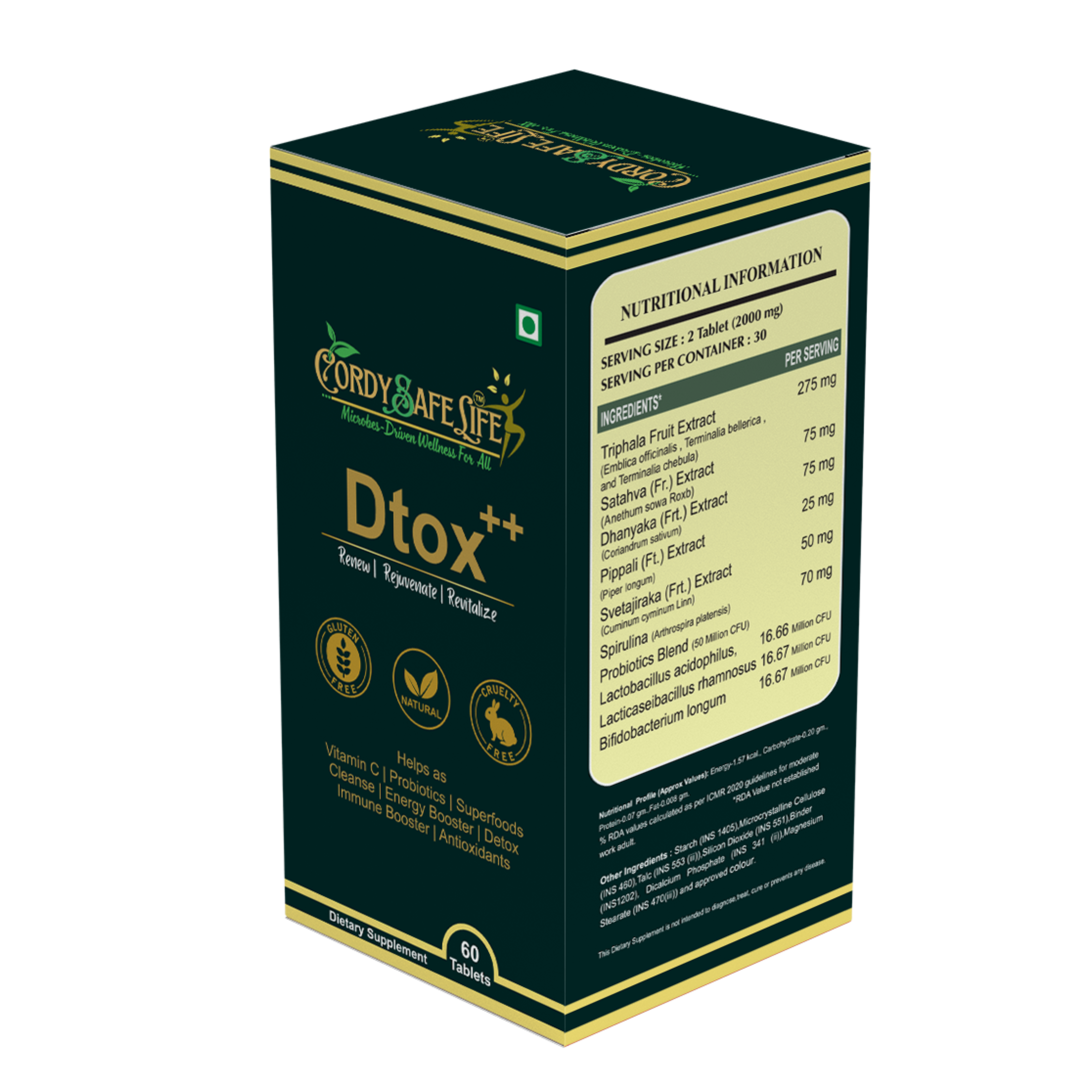 Dtox++ Holistic Detox Tablets | Ayurvedic Herbs + Spirulina + Probiotics | Gut Balance, Liver & Lymphatic Support | Gentle Cleansing & Daily Wellness | 60 Vegan Tablets - Cordysafelife