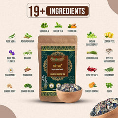 Vital+ holistic booster tea packaging with ingredients