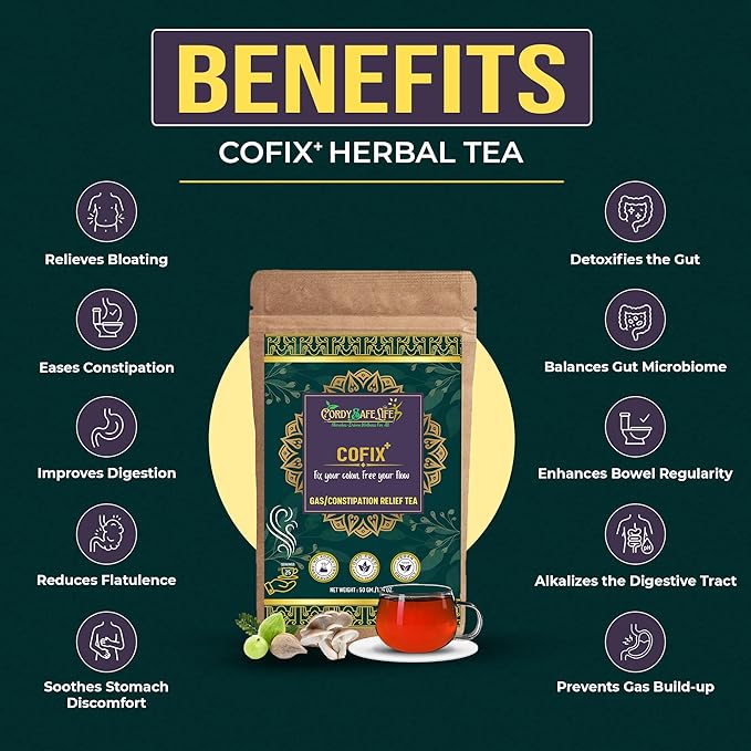 Cofix+ Gas & Constipation Relief Herbal Blend | Natural Bloating Support | 15+ Digestive Herbs with Prebiotics & Fiber | 50 gms | 25 Servings - Cordysafelife