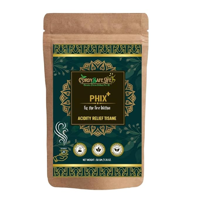 PhiX+ Herbal Tea for Acidity & GERD Relief | Caffeine-Free | 13 Herb Blend with Licorice, Spearmint, Shatavari, Bluepea & Oyster Mushrooms | Gut Cooling & Digestive Support | 50 gms | 25 Servings - Cordysafelife