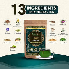 PhiX+ Herbal Tea for Acidity & GERD Relief | Caffeine-Free | 13 Herb Blend with Licorice, Spearmint, Shatavari, Bluepea & Oyster Mushrooms | Gut Cooling & Digestive Support | 50 gms | 25 Servings - Cordysafelife