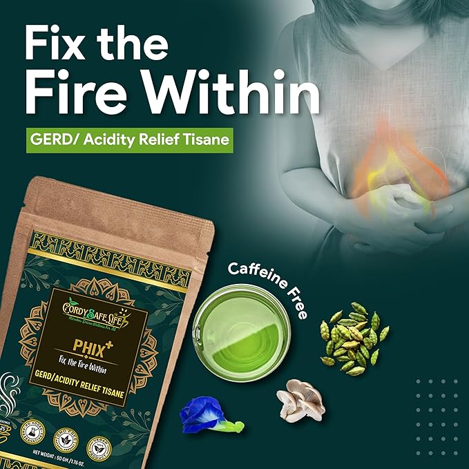 PhiX+ Herbal Tea for Acidity & GERD Relief | Caffeine-Free | 13 Herb Blend with Licorice, Spearmint, Shatavari, Bluepea & Oyster Mushrooms | Gut Cooling & Digestive Support | 50 gms | 25 Servings - Cordysafelife