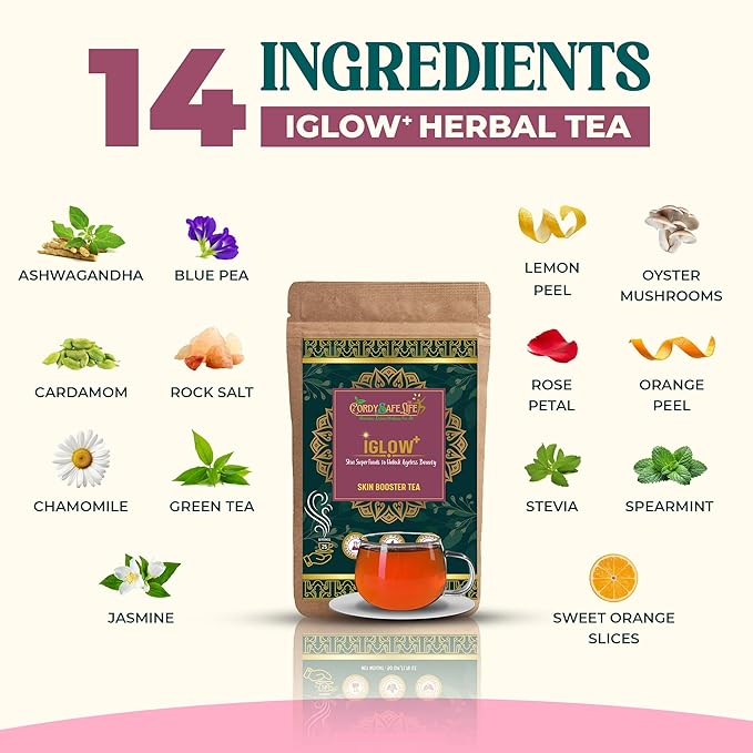 iGlow+ Herbal Tea for Skin Glow, Natural Wellness Blend with Green Tea, Rose Petal, Ashwagandha, 15 Herbs | 50 gms | 25 Servings - Cordysafelife