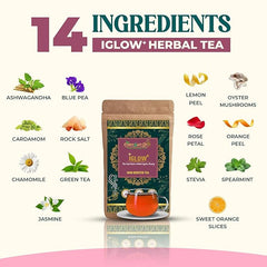 iGlow+ Herbal Tea for Skin Glow, Natural Wellness Blend with Green Tea, Rose Petal, Ashwagandha, 15 Herbs | 50 gms | 25 Servings - Cordysafelife