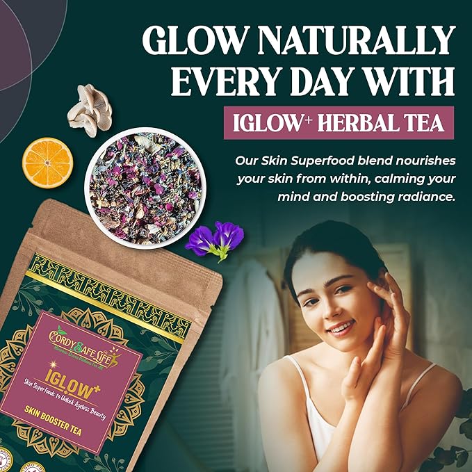 iGlow+ Herbal Tea for Skin Glow, Natural Wellness Blend with Green Tea, Rose Petal, Ashwagandha, 15 Herbs | 50 gms | 25 Servings - Cordysafelife