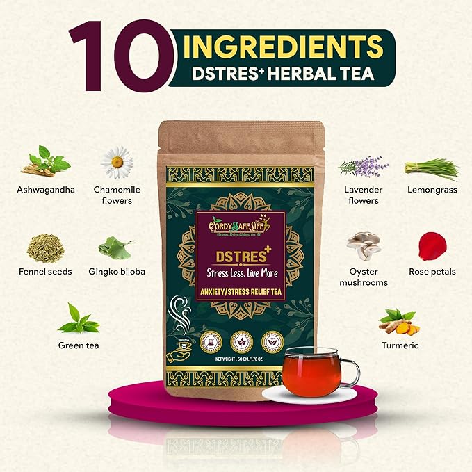 Dstres+ Herbal Tea | Stress & Anxiety Relief| 10+ Herbal Ingredients with Ashwagandha, Chamomile, Lavender, Gingko & Oyster Mushroom | Caffeine-Balanced Loose Leaf Tea | Calm, Focus & Relaxation Support | 50 g | 25 Servings - Cordysafelife