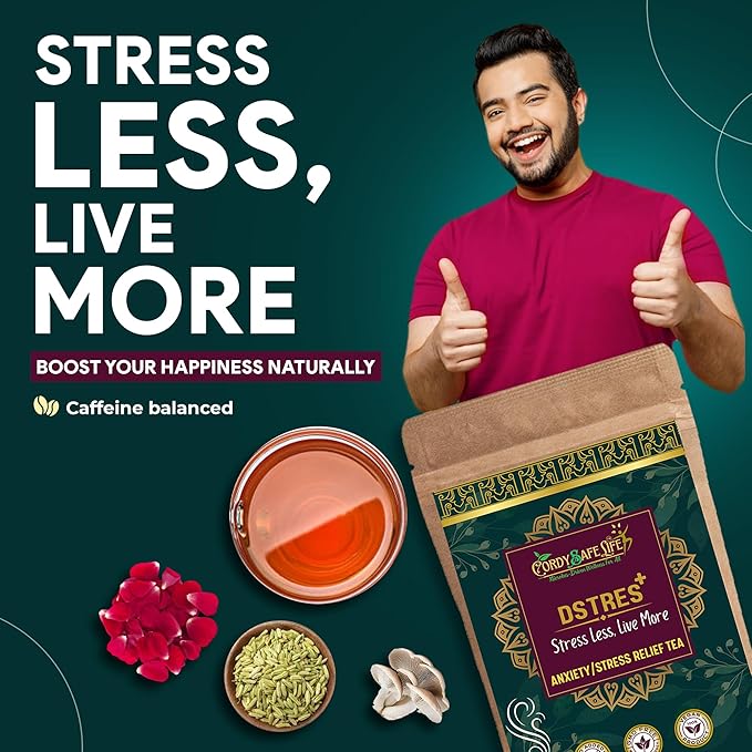 Dstres+ Herbal Tea | Stress & Anxiety Relief| 10+ Herbal Ingredients with Ashwagandha, Chamomile, Lavender, Gingko & Oyster Mushroom | Caffeine-Balanced Loose Leaf Tea | Calm, Focus & Relaxation Support | 50 g | 25 Servings - Cordysafelife