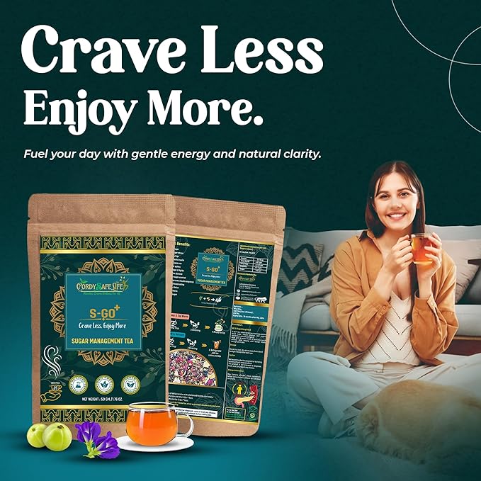 S-GO+ Herbal Tea for Sugar Management | 14 Herbs | Jamun Seed, Amla, Fenugreek, Tulsi | Helps Control Cravings & Supports Insulin Sensitivity | Caffeine Balanced | 50 GMS | 25 Servings - Cordysafelife
