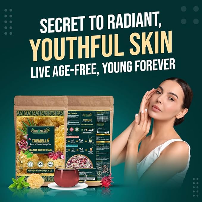 woman touching her face, promoting 'Secret to Radiant, Youthful Skin' by tremella+