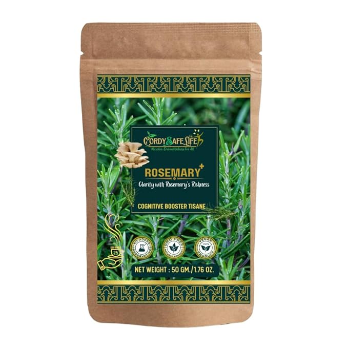 Rosemary+ Herbal Tea | Rosemary | Oyster Mushroom| Cognitive Support, Hair Fall Control | Caffeine-Free Herbal Tea | Vegan | 50 gms | 25 Servings - Cordysafelife