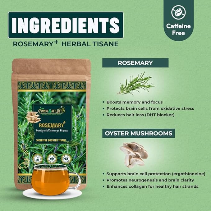 Rosemary+ Herbal Tea | Rosemary | Oyster Mushroom| Cognitive Support, Hair Fall Control | Caffeine-Free Herbal Tea | Vegan | 50 gms | 25 Servings - Cordysafelife