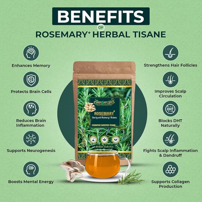 Rosemary+ Herbal Tea | Rosemary | Oyster Mushroom| Cognitive Support, Hair Fall Control | Caffeine-Free Herbal Tea | Vegan | 50 gms | 25 Servings - Cordysafelife