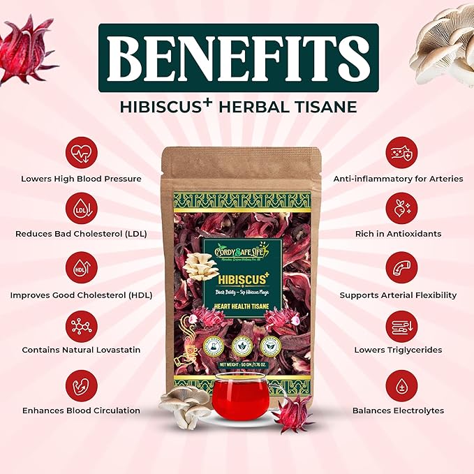 Hibiscus+ Heart Health Herbal Tea | Hibiscus Sabdariffa + Oyster Mushrooms | Supports Healthy Blood Pressure, Cholesterol Balance, Circulation & Antioxidants | Caffeine-Free Wellness Tea |50 gms | 25 Servings - Cordysafelife