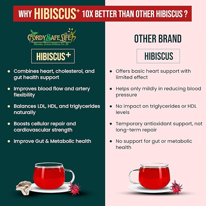 Hibiscus+ Heart Health Herbal Tea | Hibiscus Sabdariffa + Oyster Mushrooms | Supports Healthy Blood Pressure, Cholesterol Balance, Circulation & Antioxidants | Caffeine-Free Wellness Tea |50 gms | 25 Servings - Cordysafelife