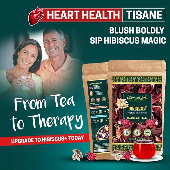 Hibiscus+ Heart Health Herbal Tea | Hibiscus Sabdariffa + Oyster Mushrooms | Supports Healthy Blood Pressure, Cholesterol Balance, Circulation & Antioxidants | Caffeine-Free Wellness Tea |50 gms | 25 Servings - Cordysafelife