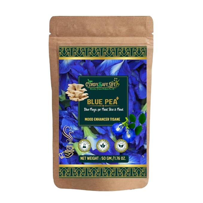 Blue Pea+ Herbal Tea, Loose Leaf, Caffeine-Free, with Blue Pea Flower and Oyster Mushroom, Wellness Blend | 50 gms | 25 Servings - Cordysafelife
