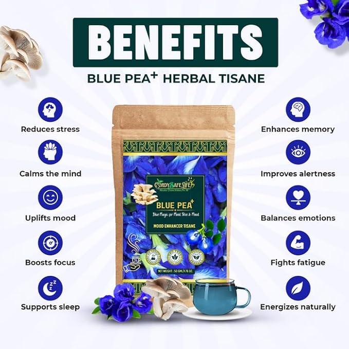 Blue Pea+ Herbal Tea, Loose Leaf, Caffeine-Free, with Blue Pea Flower and Oyster Mushroom, Wellness Blend | 50 gms | 25 Servings - Cordysafelife