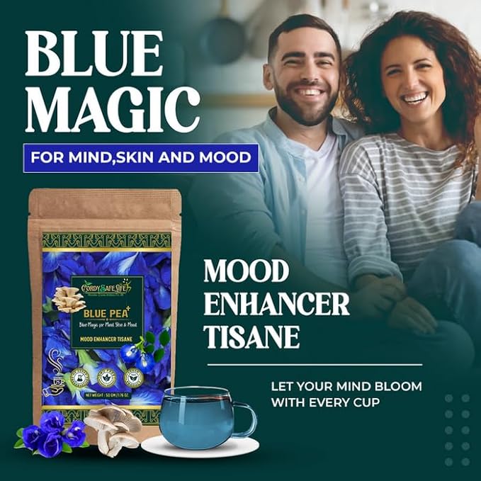 Blue Pea+ Herbal Tea, Loose Leaf, Caffeine-Free, with Blue Pea Flower and Oyster Mushroom, Wellness Blend | 50 gms | 25 Servings - Cordysafelife