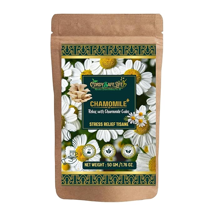 Chamomile+ Herbal Tea | Stress Relief & Sleep Support | Chamomile Flowers + Mushrooms | Caffeine-Free Relaxation, Mood Balance, Mental Clarity | 50 gms | 25 servings - Cordysafelife