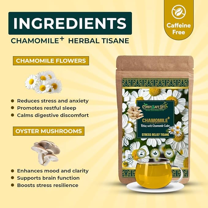 Chamomile+ Herbal Tea | Stress Relief & Sleep Support | Chamomile Flowers + Mushrooms | Caffeine-Free Relaxation, Mood Balance, Mental Clarity | 50 gms | 25 servings - Cordysafelife