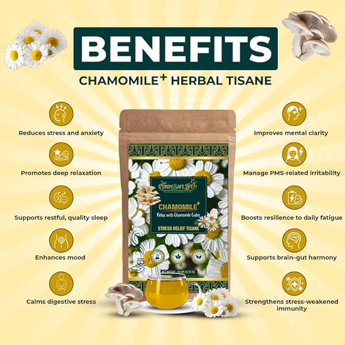 Chamomile+ Herbal Tea | Stress Relief & Sleep Support | Chamomile Flowers + Mushrooms | Caffeine-Free Relaxation, Mood Balance, Mental Clarity | 50 gms | 25 servings - Cordysafelife
