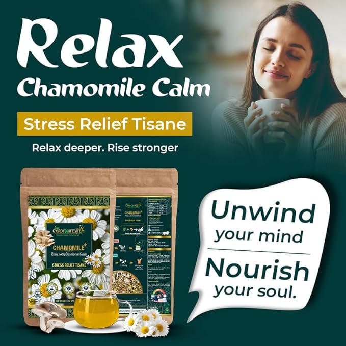 Chamomile+ Herbal Tea | Stress Relief & Sleep Support | Chamomile Flowers + Mushrooms | Caffeine-Free Relaxation, Mood Balance, Mental Clarity | 50 gms | 25 servings - Cordysafelife
