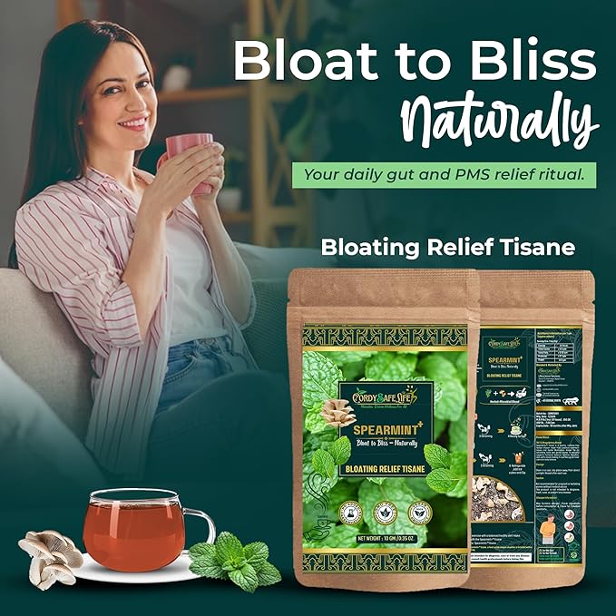 Spearmint+ Herbal Tea | Spearmint Leaves + Oyster Mushrooms | Hormone Balance, PCOS Support, Stress Relief, Digestion & Focus | Caffeine-Free Wellness Tea | VEGAN | 50 GMS | 25 SERVINGS - Cordysafelife